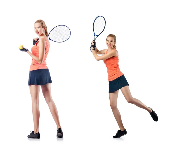 Молода жінка грає в теніс Ізольовані на білому — стокове фото