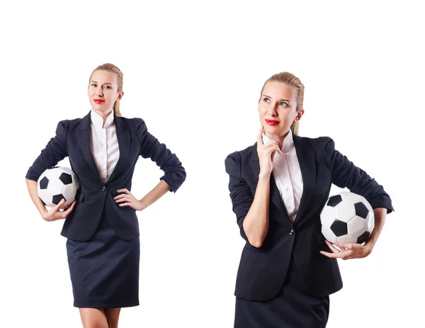 Businesswoman with football on white — Stock Photo, Image