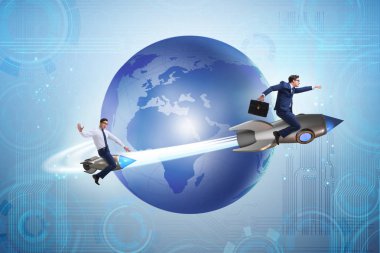 Küresel iş kavramı içinde roket üzerinde işadamı
