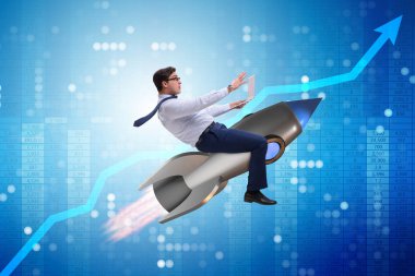 İş adamı iş konseptinde roketle uçuyor