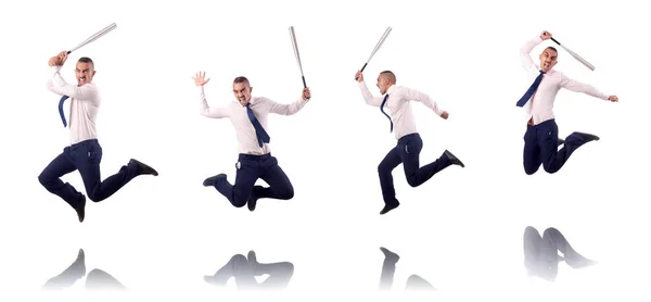 Saltando homem de negócios com bastão de beisebol — Fotografia de Stock