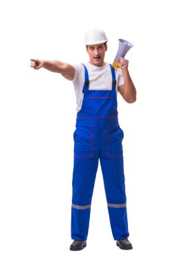 adam beyaz izole megafon ile