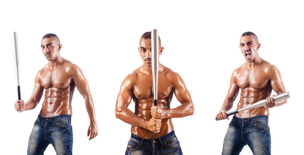 Muscular man with baseball bat on white — Stock Photo, Image