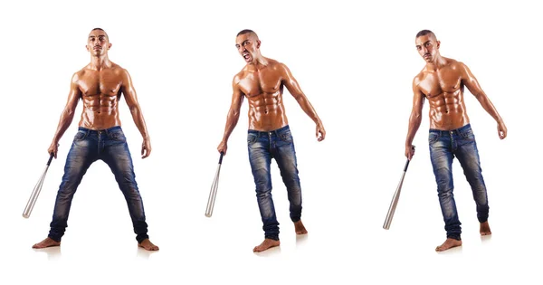 Muscular man with baseball bat on white — Stock Photo, Image