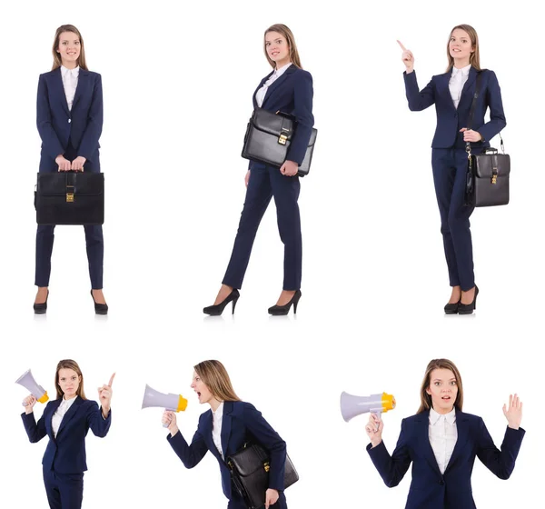 Businesswoman with loudspeaker isolated on white — Stock Photo, Image