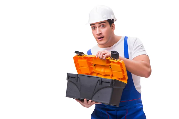Homem com caixa de ferramentas isolada em branco — Fotografia de Stock