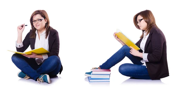 Studente ragazza con libri su bianco — Foto Stock