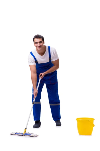 Hombre limpieza piso aislado en blanco — Foto de Stock