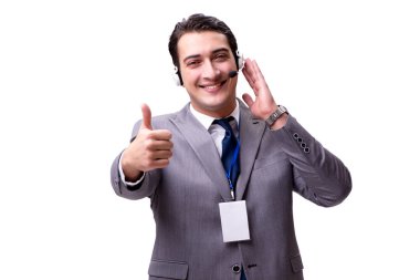 Beyaz izole kulaklık ile yakışıklı adam