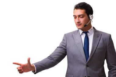 Beyaz izole kulaklık ile yakışıklı adam