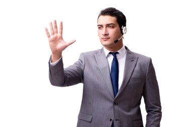 Beyaz izole kulaklık ile yakışıklı adam