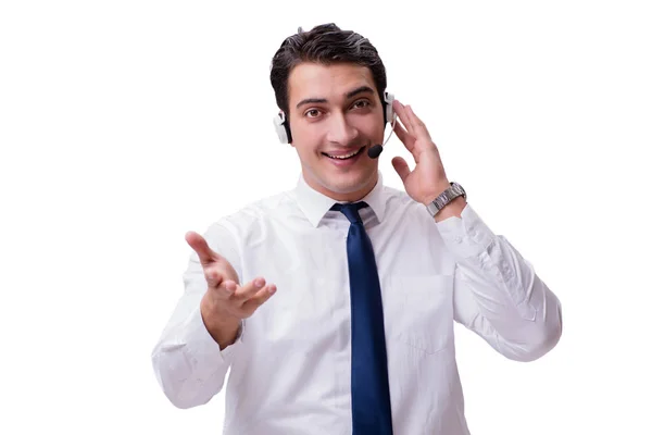 Homem bonito com fone de ouvido isolado em branco — Fotografia de Stock