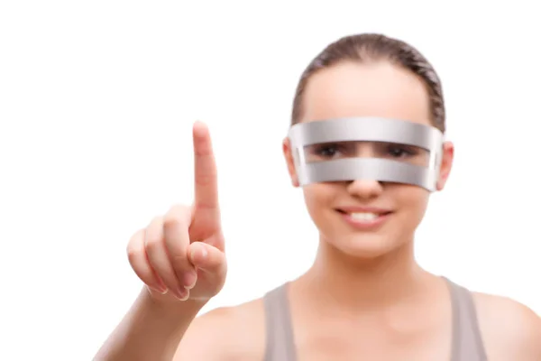Techno-Girl drückt virtuelle Taste isoliert auf Weiß — Stockfoto