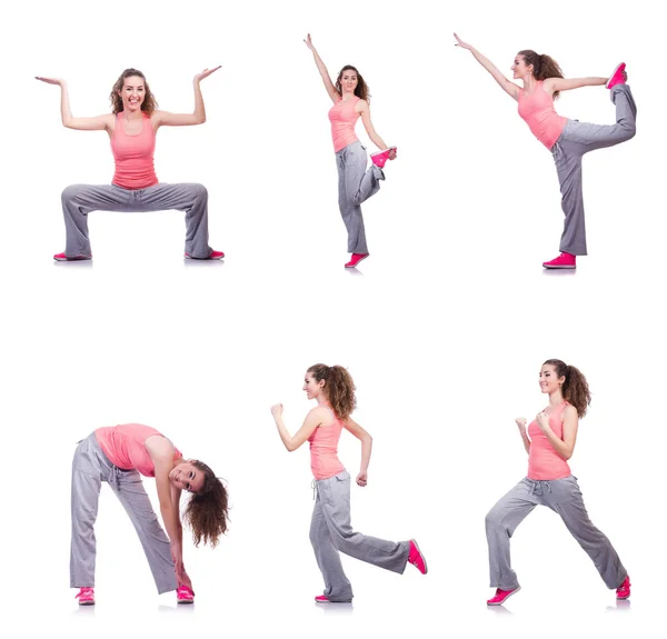 Young female doing exercises on white — Stock Photo, Image