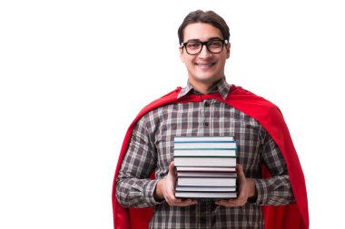 Kitapları beyaza ayrılmış süper kahraman öğrenci.