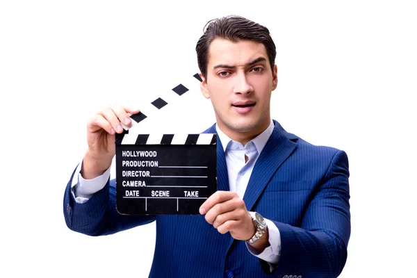 Handsome man with movie clapper isolated on white — Stock Photo, Image