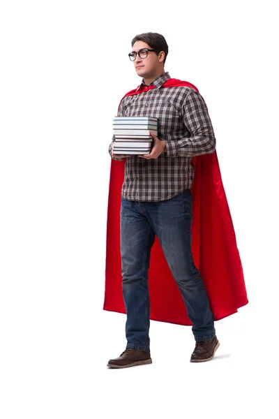 Super hero student with books isolated on white — Stock Photo, Image