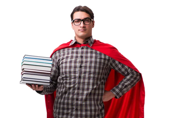 Étudiant super héros avec des livres isolés sur blanc — Photo