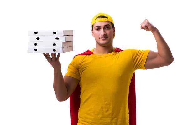 Супер герой доставки піци хлопець ізольовані на білому — стокове фото