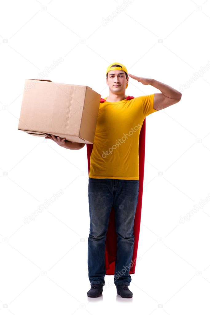 Super hero delivery guy isolated on white