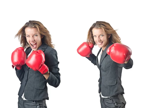 Mujer joven con guantes de boxeo aislados en blanco —  Fotos de Stock