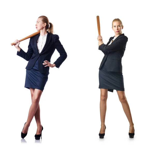 Businesswoman with baseball bat on white — ストック写真