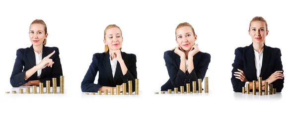 Žena podnikatel s mincemi na bílém — Stock fotografie