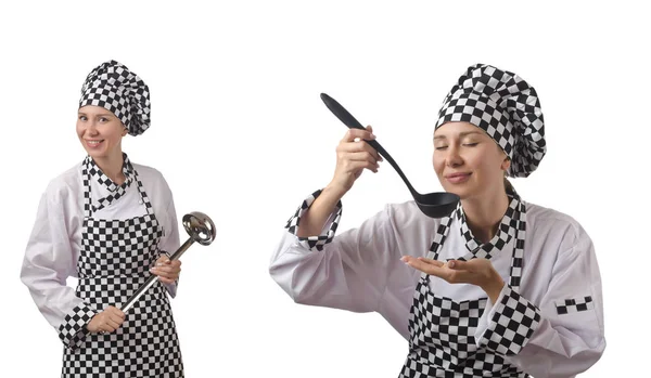 Mujer chef en collages sobre blanco — Foto de Stock