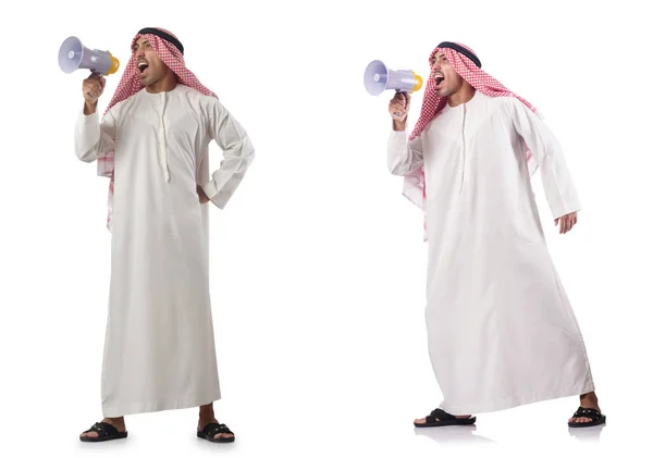 Hombre de negocios árabe con megáfono aislado en blanco — Foto de Stock