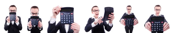 Contabilista engraçado com calculadora em branco — Fotografia de Stock