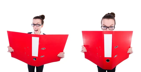 Lustige Geschäftsfrau mit roter Mappe auf weißem Hintergrund — Stockfoto