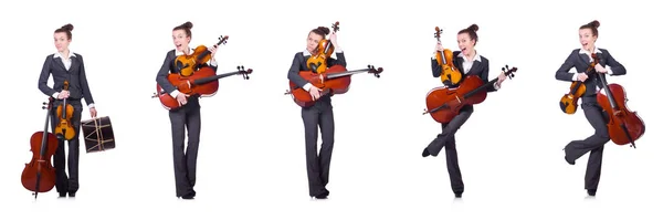 Mulher engraçada tocando violino isolado no branco — Fotografia de Stock