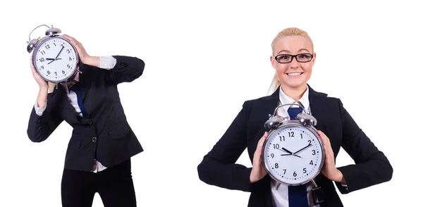 Mujer con reloj gigante en blanco — Foto de Stock