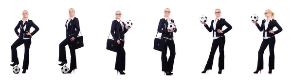 Woman with football on white — Stock Photo, Image