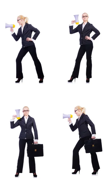 Geschäftsfrau mit Lautsprecher auf Weiß — Stockfoto
