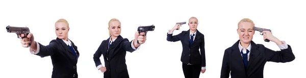 Nő fegyverrel elszigetelt fehér — Stock Fotó