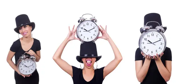 Young woman with clock isolated on white — Stock Photo, Image