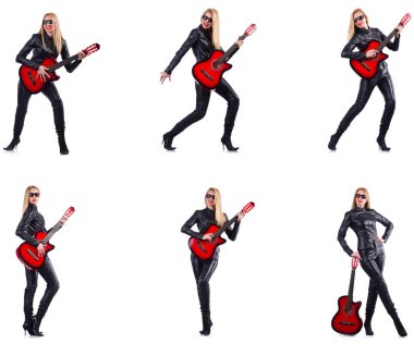 Beyaz tenli gitar çalan genç bir kadın.