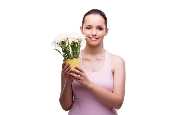 Giovane donna con vaso di fiori isolato su bianco — Foto Stock