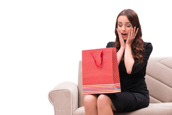 Young woman after christmas shopping on white — Stock Photo, Image
