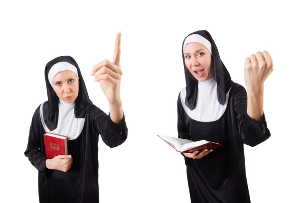 Pretty nun with Bible isolated on white — Stock Photo, Image
