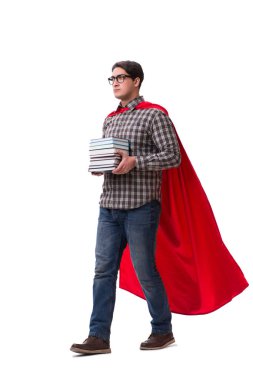 Kitapları beyaza ayrılmış süper kahraman öğrenci.