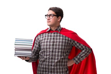 Kitapları beyaza ayrılmış süper kahraman öğrenci.