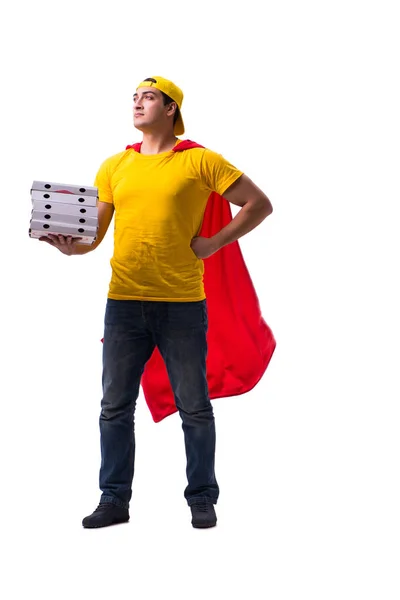 Super héros livreur de pizza isolé sur blanc — Photo