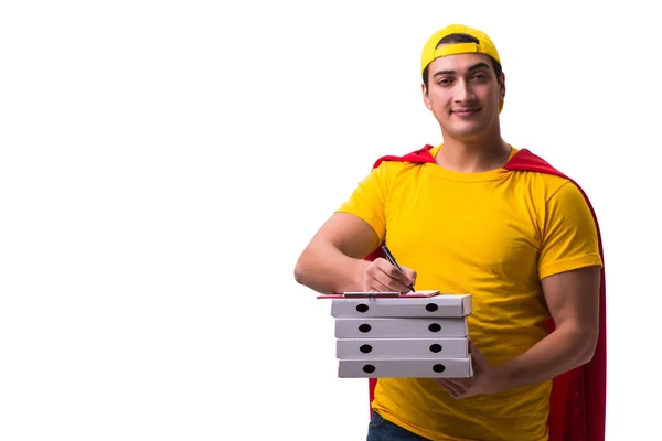 Super eroe pizza consegna ragazzo isolato su bianco — Foto Stock