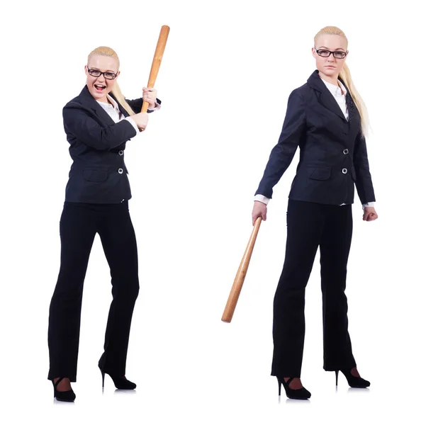 Businesswoman with baseball bat on white — Stock Photo, Image