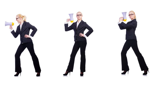 Geschäftsfrau mit Lautsprecher auf Weiß — Stockfoto