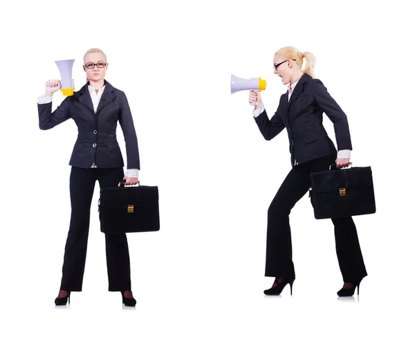 Woman businesswoman with loudspeaker on white — Stock Photo, Image