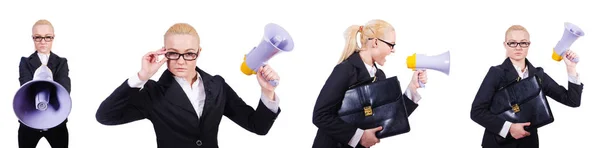 Woman businesswoman with loudspeaker on white — Stock Photo, Image