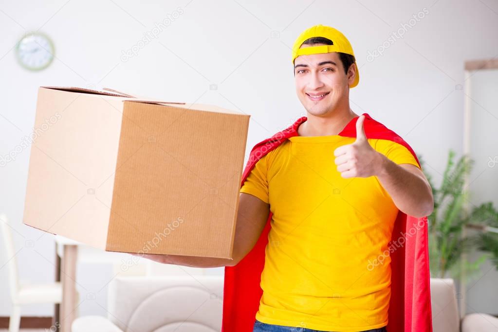 Superhero delivery guy with box